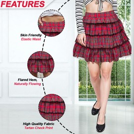 The Fancy Dress Women Tartan Skirts - 4 Tier Plaid Women's Skirts Elasticated Waist Pleated Checked Summer Casual Skirt Size UK-10-Red