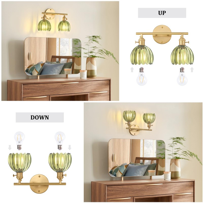 Shenmoyl Bathroom Light Fixtures, 2-Light Brass Vanity Wall Light Over