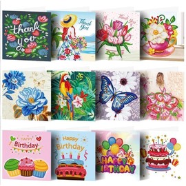 SOONHUA 12 Pieces Birthday Cards 5D DIY Diamond Painting Drill Greeting Thank You Cards Creative Greeting Card, 11.8 x 5.9 Inch (HKDZ04)