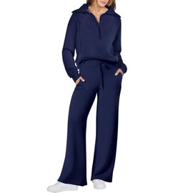 ANRABESS Women 2 Piece Outfits 2025 Fall Fashion Airport Wide Leg Pants Lounge Set Leisure Travel Vacation Clothes Sweatsuits Navy Blue Large