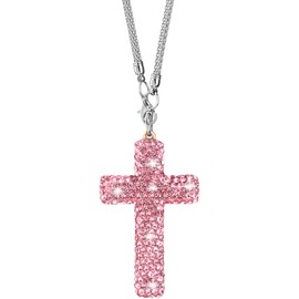 YALOJE Crystal Cross Car Rear View Mirror Charm, Bling Rhinestone Car Hanging Accessories, Automotive Interior Decoration Vehicle Rear View Mirror Pendant Ornament - Pink, 1pcs