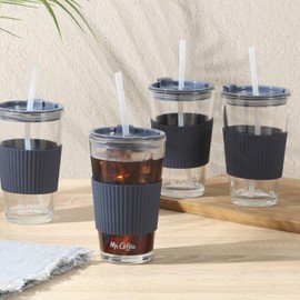Mr. Coffee Sip Savvy 4-Pack 15oz Midnight Blue Glass Tumblers with Lids and Straws – Reusable Iced Coffee Cups – Dishwasher Safe – To-Go Drinkware Water Glasses