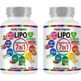 Lipo Green 7 en 1 | Vinagre de Manzana, Carnitina, Cetonas de Frambuesa, Té Verde, Chía, Extracto de Piña, Pepino y Toronja | Ingredientes 100% Naturales de Calidad | Suplemento Alimenticio Prémium | Purely Organics | 2 unidades de 90 Cápsulas.