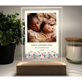 Custom LED Night Light, Desk or Table Lamp Features a Framed Photo and Personal Message with Spring Delicate Flowers. A Memorable Present for Mom, a Friend, or Sister. Handcrafted in CT, USA.