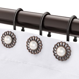 Oil Rubbed Bronze Shower Curtain Hooks Rings, Decorative Sunflower Shower Curtain Rings for Bathroom Shower Curtain Rods and Liner,Metal Shower Hooks, Floral Pearl Shower Rings for Curtain Set of 12