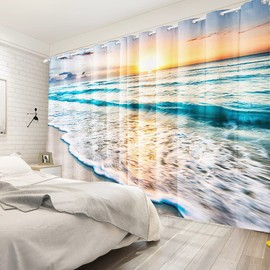 Renaiss Sea Sand Beach Window Curtains Sunset Clouds Blue Seashore Coastal Ocean Printing Window Treatment Darkening Privacy Blackout Durable Drapes for Bedroom Living Room Decor 21x45 Inch x 2 Panels