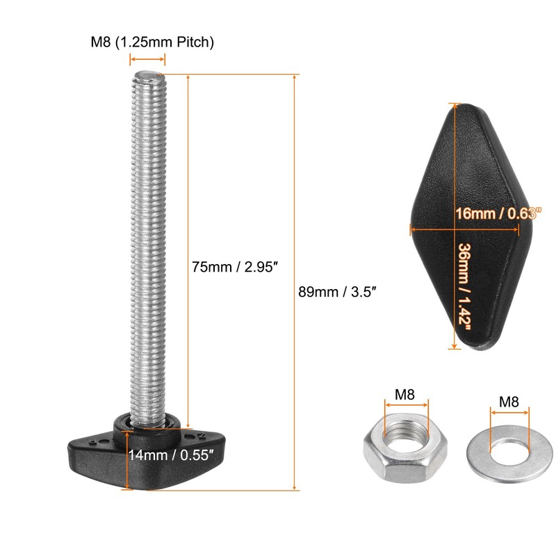 sourcing map 8pcs Tee Wing Knobs M8 x 75mm Metric