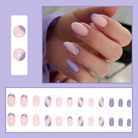 24Pcs Almond False Nails Short, Pink Purple Fake Nails Nude Acrylic Full Cover Stick on Nails with Swirl Designs, Glossy French Tips Artificial Press on Nails for Women Girls