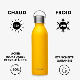 Qwetch - Active Yellow Curry 600 ml Insulated Flask - Drinking Bottle with Recycled Stainless Steel Handle - Cold for 24 Hours and Warm for 12 Hours - Waterproof, BPA Free & Compact