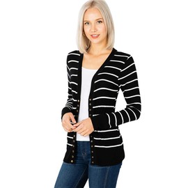 Cardigans for Women Long Sleeve Cardigan Knit Snap Button Sweater Regular & Plus - Black/Ivory (X-Large)