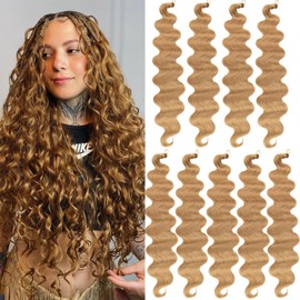 Unionbeauty 9 Packs Body Wave Braiding Hair 24 Inch Pre-Feathered Braiding Hair for Goddess Box Braids Crochet Hair French Curl Wavy Crochet Boho Box Braids Synthetic Hair Extensions for Woman(27#)