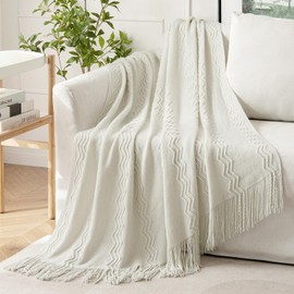 MIULEE - Manta de punto blanco crema para sofá, manta de punto texturizada con borlas, acogedora manta tejida bohemia para sofá, cama, silla, patrón de ondas acrílicas, 127.0 x 152.4 cm