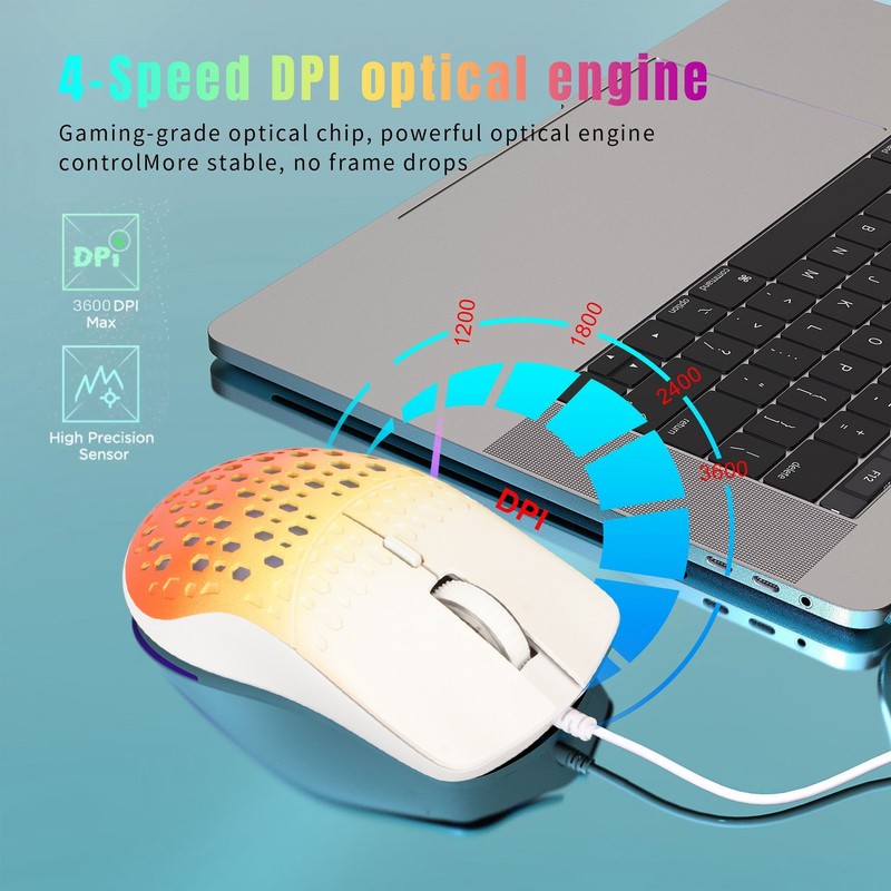 Wired Gaming Mouse with 7 RGB 3600DPI Lightweight Ergonomics Breathable