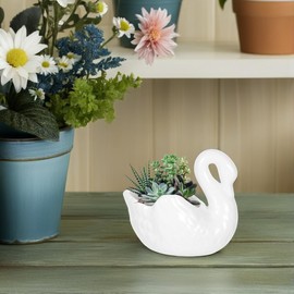 Yardwe Lovely Swan Ceramic Flowerpot with Drain Hole, White Porcelain Planter for Succulents, Decorative Plant Pot for Home and Office, 4.4 X 2.36 X 3.77 Inch
