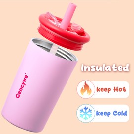 Gencywe Kids Stainless Steel Cups with Straws and lids | 12 oz Spill-Proof Sippy Smoothie Tumbler Set, Small Kids Snack & Drink Water Cups, BPA-Free, Dishwasher Safe, with Box (Age: 3+ years old & up)