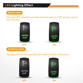 GOOACC Lighted Whip Rocker Switch Led Light Bar Switch 5Pin Laser On Off SPST switches 20A 12V 10A 24V Switch Green with Jumper Wires Set for Cars Trucks RVs,2 Years Warranty