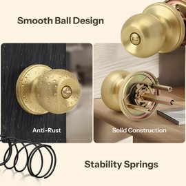 LOQRON Brushed Gold 5 Pack Wholesale Ball Design Door Knob with Lock, Privacy Round Shaped Keyless Doorknob for Bathroom/Bedroom, Satin Brass Finish