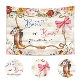 Imirell Boots or Bows Gender Reveal Backdrop 7Wx5H Feet Cowboy or Cowgirl Western Baby Shower Polyester Fabric Rustic Wooden Floral Flower Photography Backgrounds Photo Shoot Decor Props Decoration