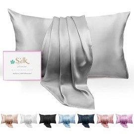 FCHJXTL Premium Mulberry Silk Pillowcase for Hair and Skin,Silk Pillow Cases with Hidden Zipper,Cooling Grey Silk Pillowcase for Sleeping Women,1 Piece (Gray, Queen)