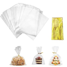 100 Pack Of Cellophane Bags(10x15cm),Cellophane Treat Bags,Clear Cellophane Gift Bags, Cellophane Clear Candy Bags,with 100 Gold Twist Ties for Graduation Birthday Weddings Party