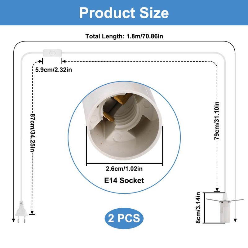 E14 Lamp Holder with Cable and Switch, White Lamp Holder