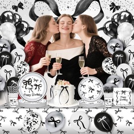 AXWATDEI Black Bow Birthday Decorations Kit, Coquette Party Supplies for Women Girls - Balloons, Backdrop, Black Bow Plates and Napkins, Tableware Serves 20 Guests