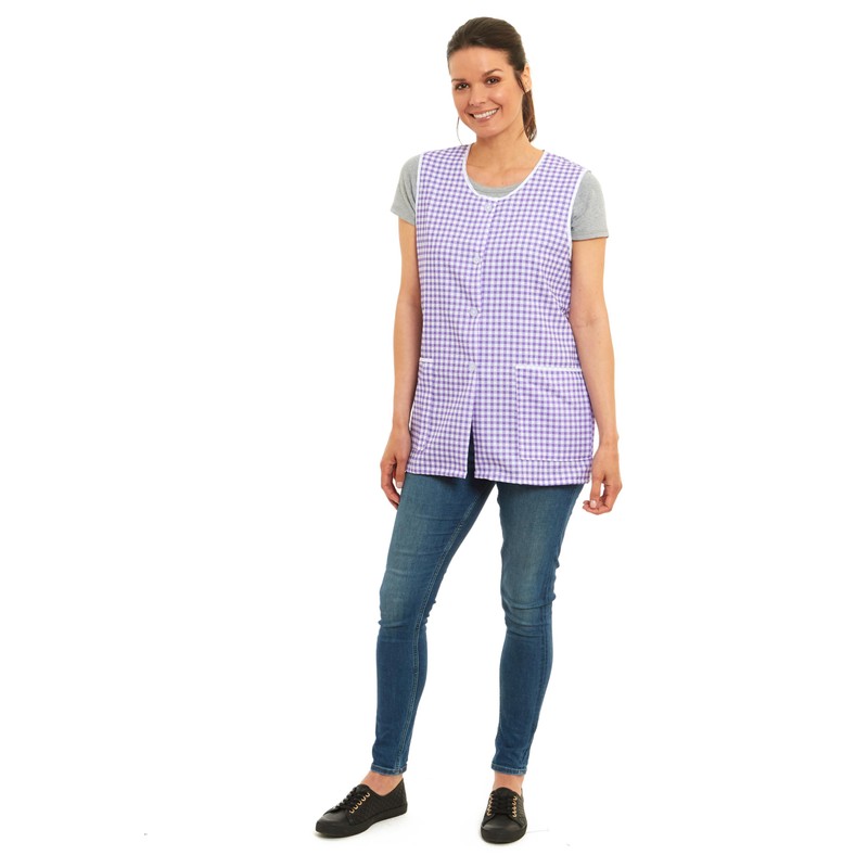 Ladies Gingham Buttons Through Design Piping Tabard Apron Overalls Front