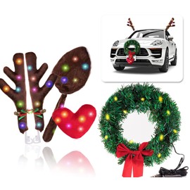 Zone Tech Reindeer Antlers with LED Lights & Wreath with LED Lights Set Christmas car Decorations