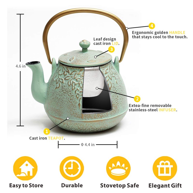 TOPTIER Tea Kettle for Stove Top, Cast Iron Teapot Stovetop