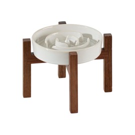 Havniva Ceramic 1.2 Cup Raised Slow Feeder Dog Bowl Set, Elevated Acacia Wood Stand for Medium and Small Dog, 7.3inch Slow Dish, Stop Bloat(Single Bowl+ Stand, Reactived Glaze -White)