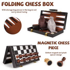 Chess Checkers Backgammon Set 3-in-1 Board Games Sets for Kids & Adults，15" Folding Magnetic Chess Set Leather Chess Board Strategy Game Portable Travel Chess Game with Magnetic Chess Pieces wooden  chessboard