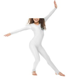 Prime fashions - Girls Shiny Nylon Long Sleeve Stirrup Catsuit - Full Body (White, 7-8 Years)