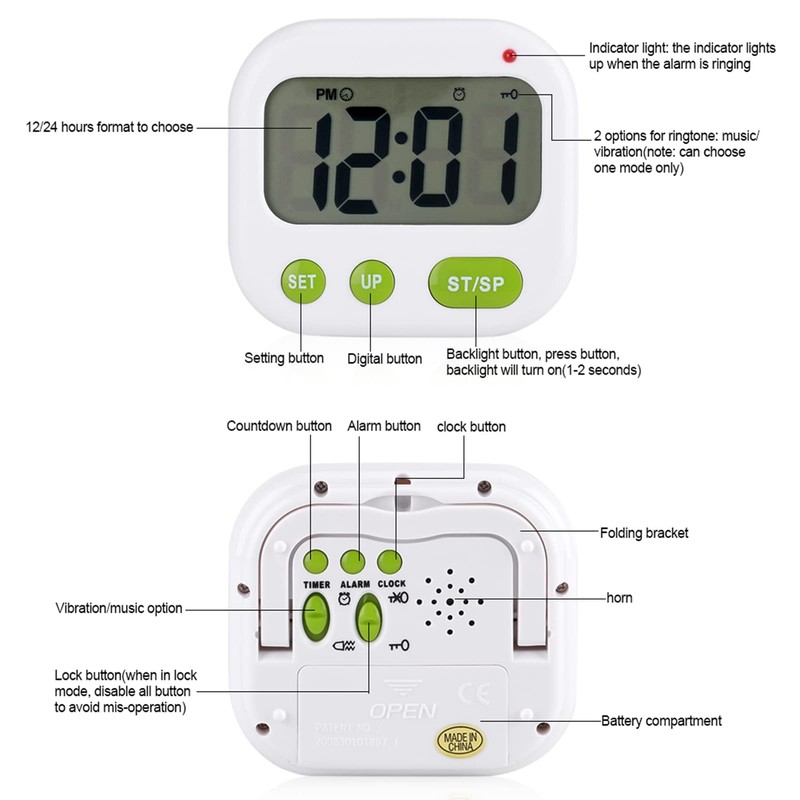 QANYEGN Digital Kitchen Timer, Music Vibration Digital LCD Alarm Clock,