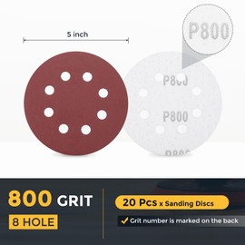 HARFINGTON 20 Pcs 5 Inch Sanding Disc 8 Hole 800 Grit Hook and Loop Sandpaper Random Orbital Sander Pads for Woodworking Automotive Metal Polishing