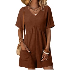 AlvaQ Womens Romper Dressy 2025 Summer Outfits Solid Color V Neck Batwing Short Sleeve Rompers Shorts Jumpsuit with Pockets Brown Large