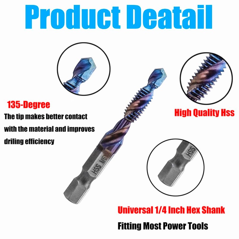 Yakamoz 6Pcs Hexagon Titanium Drill Tap Combination Bit Set, 1/4"