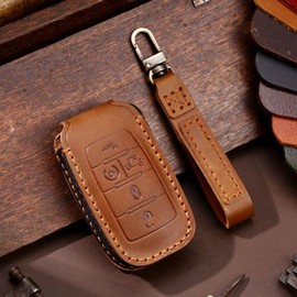 4 5 6 Button Leather Car Smart Key Fob Cover Case Fit for Dodge GMC RAM 1500 2019-2021 (5-Button Brown)