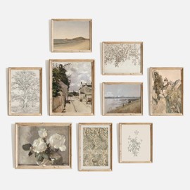 TheCanvas Vintage Wall Art Prints Set of 9, Rustic Landscape Painting Wall Decor, Eclectic Gallery Wall Art, Nature Wall Art for Bedroom, Farmhouse or Living Room UNFRAMED