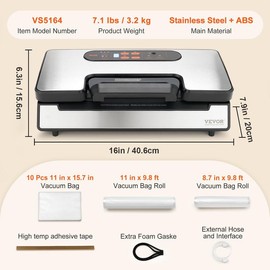 VEVOR Vacuum Sealer Machine, Powerful Dual Pump and Dual Sealing, Dry and Moist Food Storage, Automatic and Manual Air Sealing System with Built-in Cutter, with Seal Bag and External Hose - Power: 90Kpa 130W