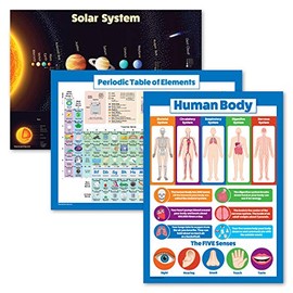 3 Pack - Solar System Poster + Periodic Table of The Elements for Kids + Understand The Human Body Chart (Laminated, 18" x 24")