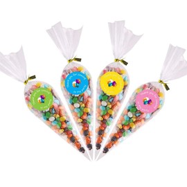 VEYLIN 50 Pieces Sweet Cones Party Bags - Clear Cellophane Candy Bags and Ties for Party Gift Wedding Birthday Favors with 60 Pieces Thank You Stickers