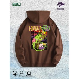 Iguana Cold One Tropical Graphic Hoodie 100% Cotton US Warehouse 7 ColorsColor: Brown, Size: 2 XL