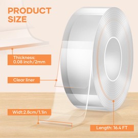 FlyCoco 16.4FT Double Sided Tape Heavy Duty, Multipurpose Removable Adhesive Transparent Magic Nano Tape Grip Reusable Mounting Tape Washable for Wall Decor, Poster Hanging, DIY Projects, Carpet