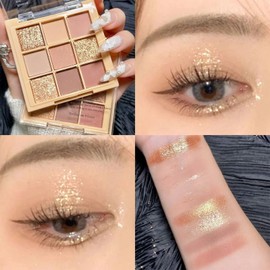 Okerker 9 Colors Milk Tea Glitter Eyeshadow Palette, Matte Nude Neutral Brown Blendable Shades, Bronzer Champange Gorgeous Pearls Powder Eyeshadow, Sparkling Shimmer Daily Bright Diamond Makeup #01