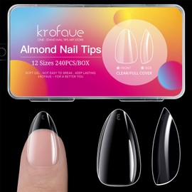 krofaue Almond Nails Tips - 240Pcs Clear Fake Tips 12 Sizes Soft Gel False Nails Full Cover Press on Nails Almond for Manicure Salon and Easy DIY Nail Extensions for Women