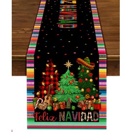 Nepnuser Feliz Navidad Table Runner Mexican Christmas Winter Holiday Party Decoration Home Kitchen Dining Room Decor (Pattern-B, 13" x 72")