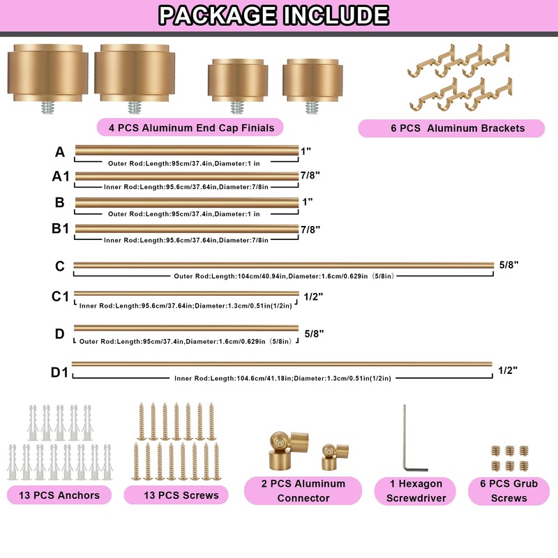 Warm Gold Double Corner Window Curtain Rods with Aluminum End