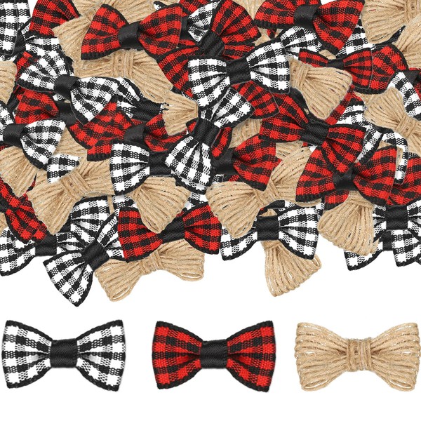 45 Pieces Christmas Mini Plaid Bow Buffalo Plaid Bow Gingham Craft Ribbon Bow Checkered Ribbon Bow Red Black Bow Black White Bow Natural Burlap Bow for Christmas Craft Decoration DIY (1.2 x 0.6 Inch)