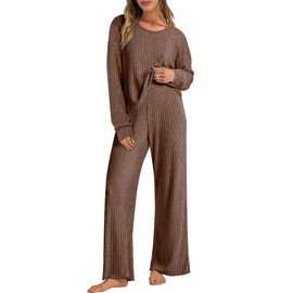 ANRABESS Women 2 Piece Lounge Pajamas Sets Casual Ribbed Knit Long Sleeve Top Pants Matching Set 2025 Fall Outfits Clothes Brown X-Large