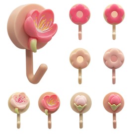 DueHoppee 8 Pack Pink Adhesive Hooks,Cute Flower Shape Hooks for Wall Decorative,Small Plastic Hooks to Organize Kitchen or Bathroom Little Items,Damage-Free Sticky Hooks
